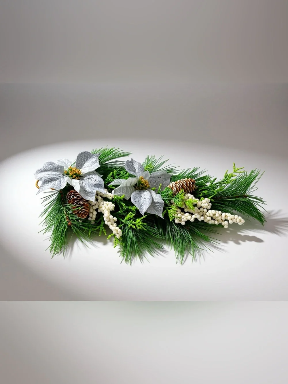 Festive Silver Poinsettia Pine Garland - Home Holiday - Pinecone Accent - 23x13